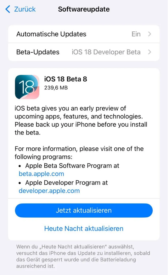 大茂镇苹果手机维修分享苹果 iOS / iPadOS 18 开发者预览版 Beta 8 发布 